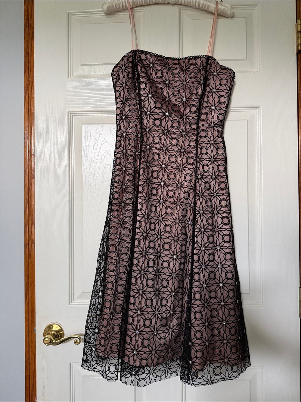 Adrianna Papell Y2K Strapless Black Daisy Lace Dress with Pink Lining 6